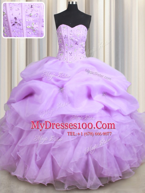 Fashionable Visible Boning Floor Length Lace Up Quinceanera Dress Lilac for Military Ball and Sweet 16 and Quinceanera with Beading and Ruffles and Pick Ups