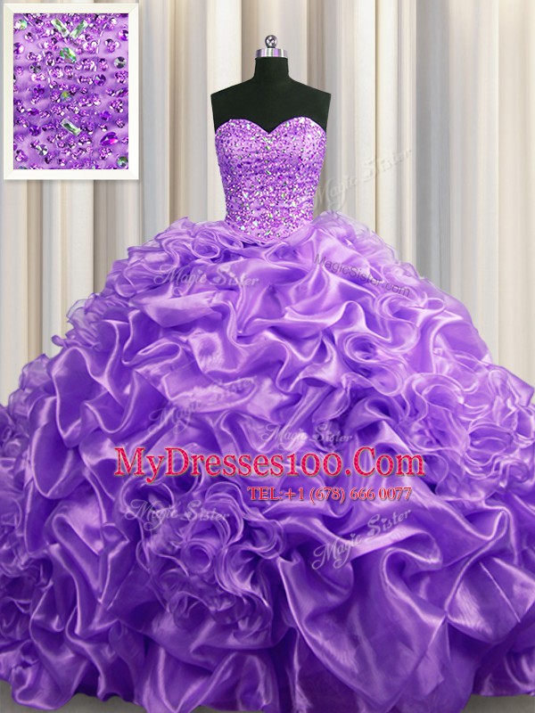 Luxury Lavender Lace Up Sweetheart Beading and Pick Ups Quince Ball Gowns Organza Sleeveless Court Train