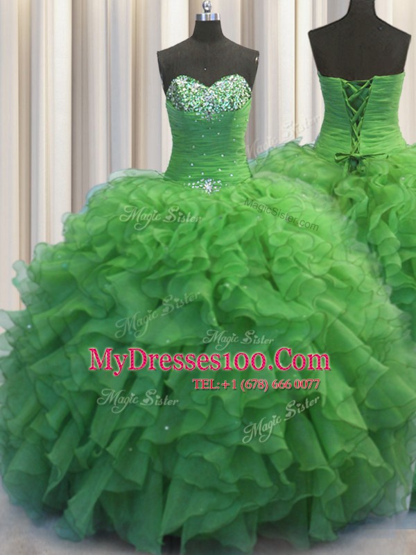 Shining Beaded Bust Sleeveless Floor Length Beading and Ruffles Lace Up Sweet 16 Dress with Green