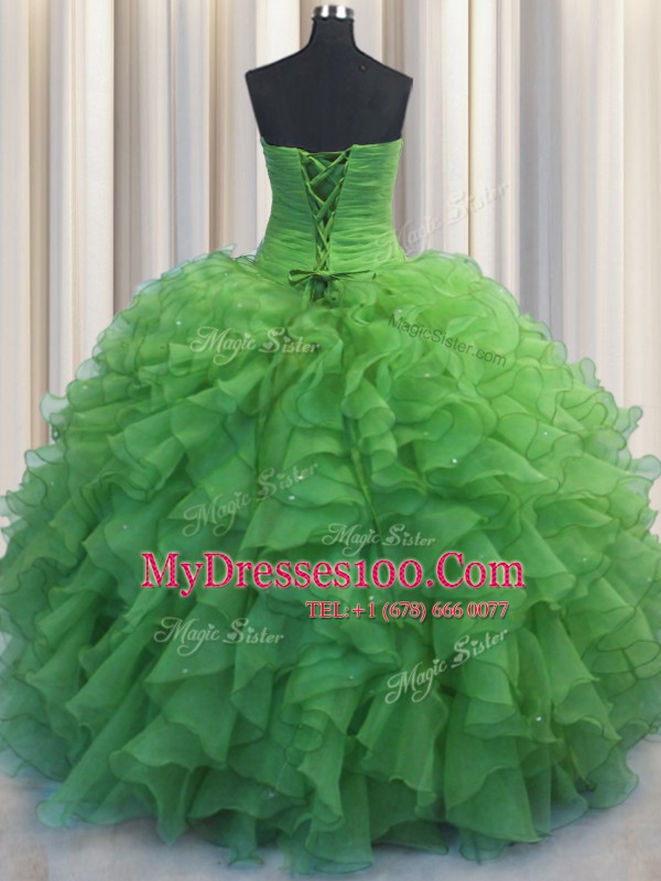 Shining Beaded Bust Sleeveless Floor Length Beading and Ruffles Lace Up Sweet 16 Dress with Green