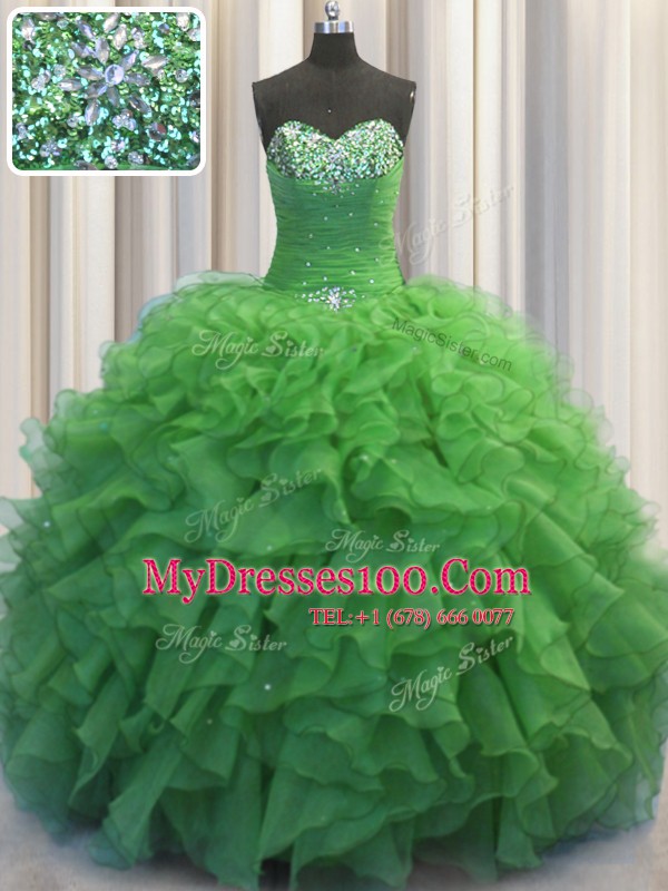Shining Beaded Bust Sleeveless Floor Length Beading and Ruffles Lace Up Sweet 16 Dress with Green