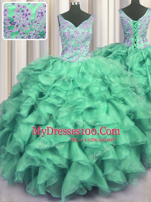 Exquisite V-neck Sleeveless Lace Up Quinceanera Gown Turquoise Organza