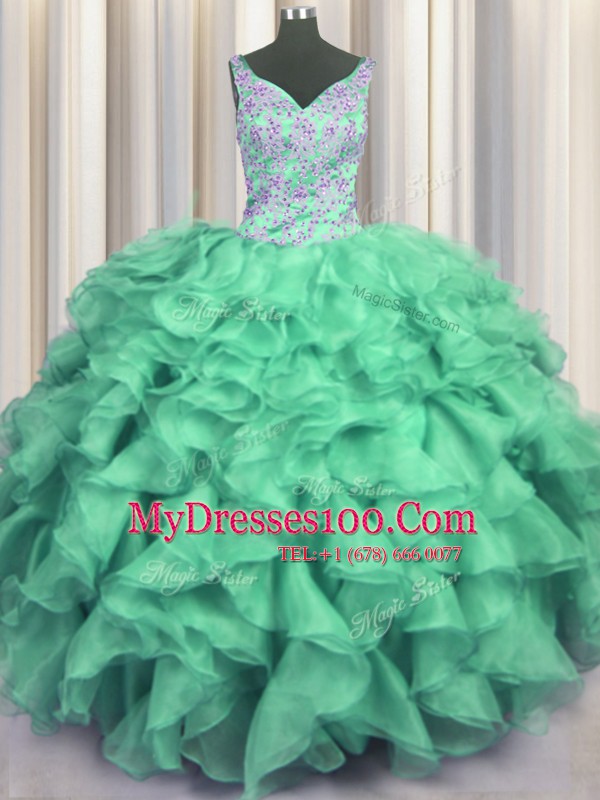 Exquisite V-neck Sleeveless Lace Up Quinceanera Gown Turquoise Organza