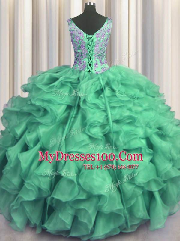 Exquisite V-neck Sleeveless Lace Up Quinceanera Gown Turquoise Organza