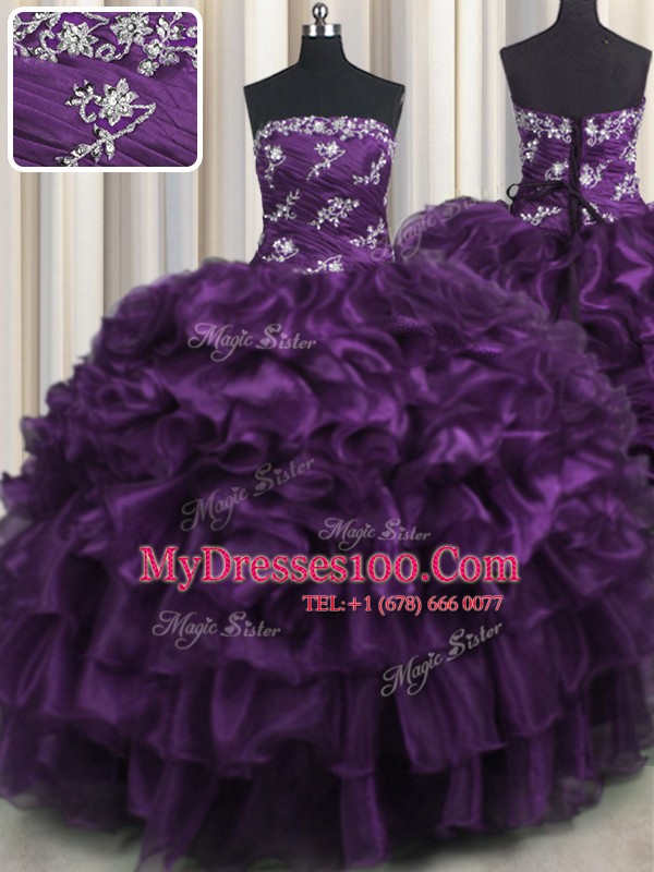 Ruffled Layers Floor Length Ball Gowns Sleeveless Purple Ball Gown Prom Dress Lace Up