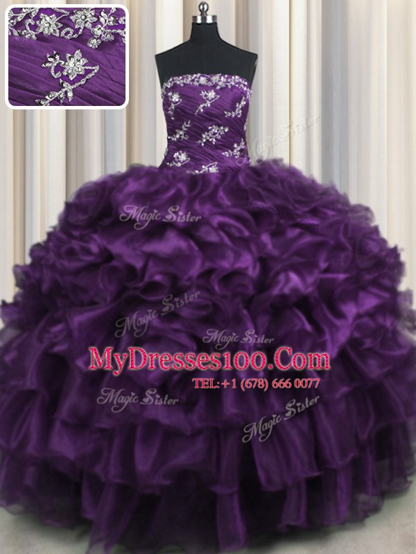 Ruffled Layers Floor Length Ball Gowns Sleeveless Purple Ball Gown Prom Dress Lace Up