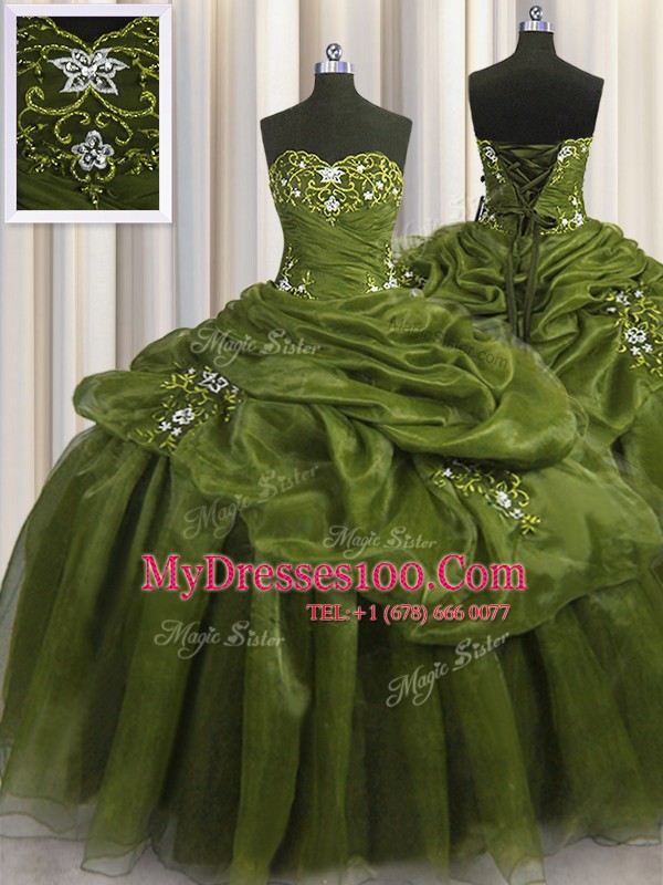 Pick Ups Floor Length Olive Green Quince Ball Gowns Sweetheart Sleeveless Lace Up