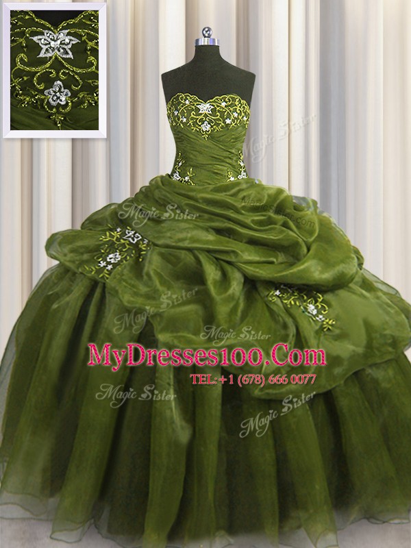 Pick Ups Floor Length Olive Green Quince Ball Gowns Sweetheart Sleeveless Lace Up