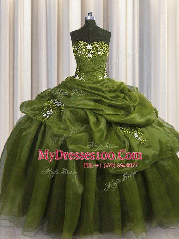 Pick Ups Floor Length Olive Green Quince Ball Gowns Sweetheart Sleeveless Lace Up