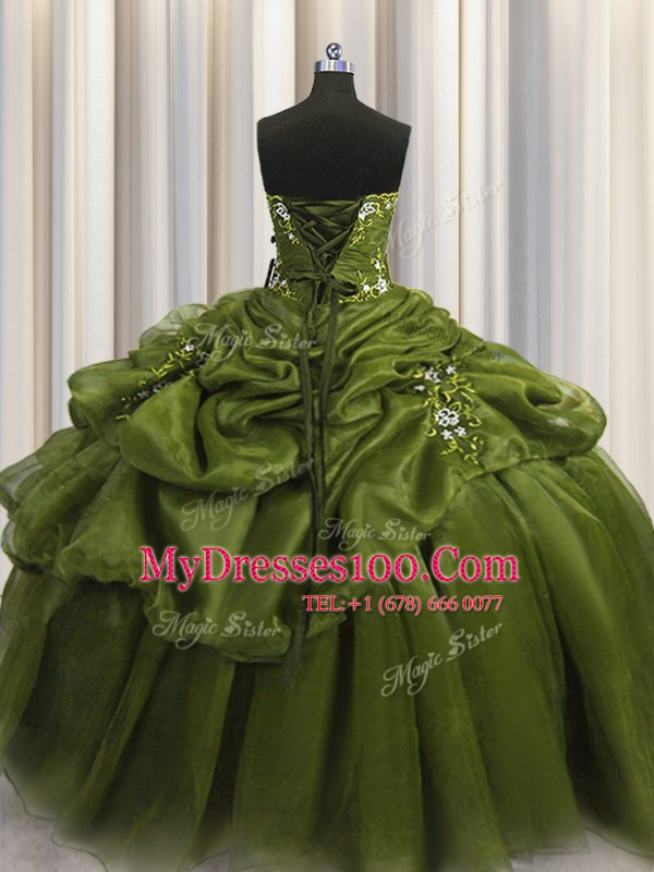 Pick Ups Floor Length Olive Green Quince Ball Gowns Sweetheart Sleeveless Lace Up