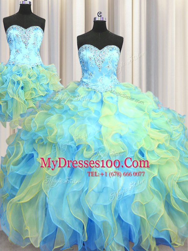 Customized Three Piece Beading and Appliques and Ruffles Quince Ball Gowns Multi-color Lace Up Sleeveless Floor Length
