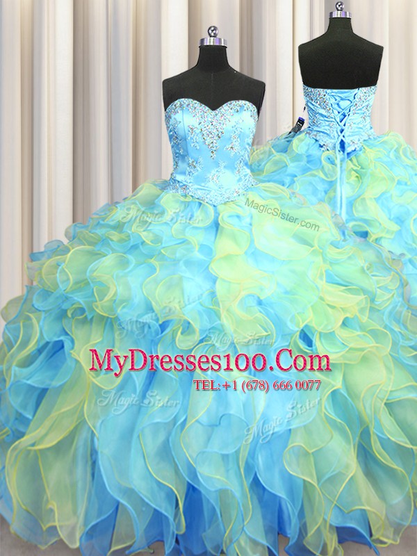 Customized Three Piece Beading and Appliques and Ruffles Quince Ball Gowns Multi-color Lace Up Sleeveless Floor Length