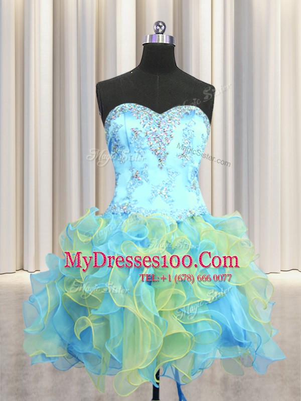 Customized Three Piece Beading and Appliques and Ruffles Quince Ball Gowns Multi-color Lace Up Sleeveless Floor Length