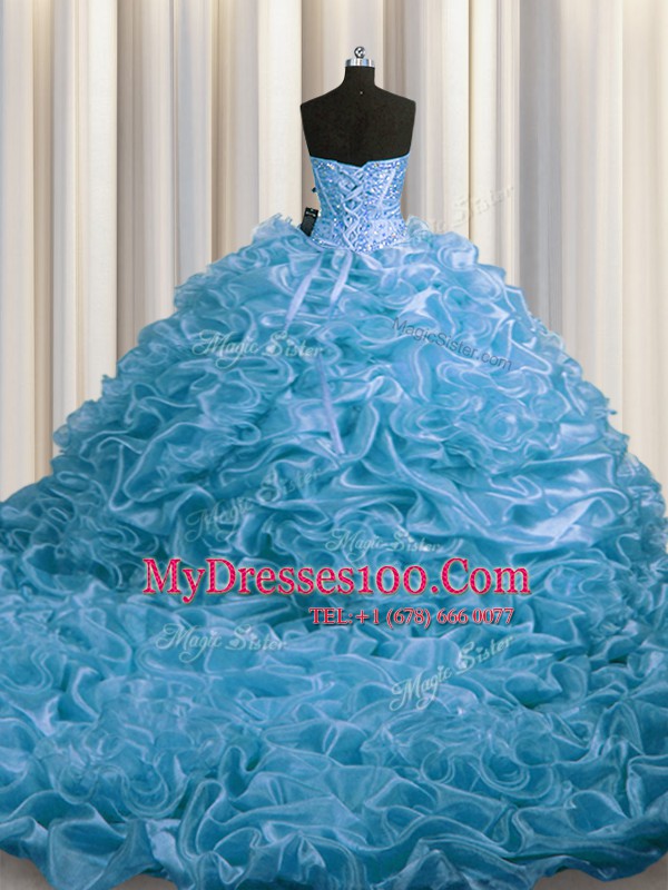 Captivating Sweetheart Sleeveless Organza Sweet 16 Dresses Beading and Pick Ups Court Train Lace Up