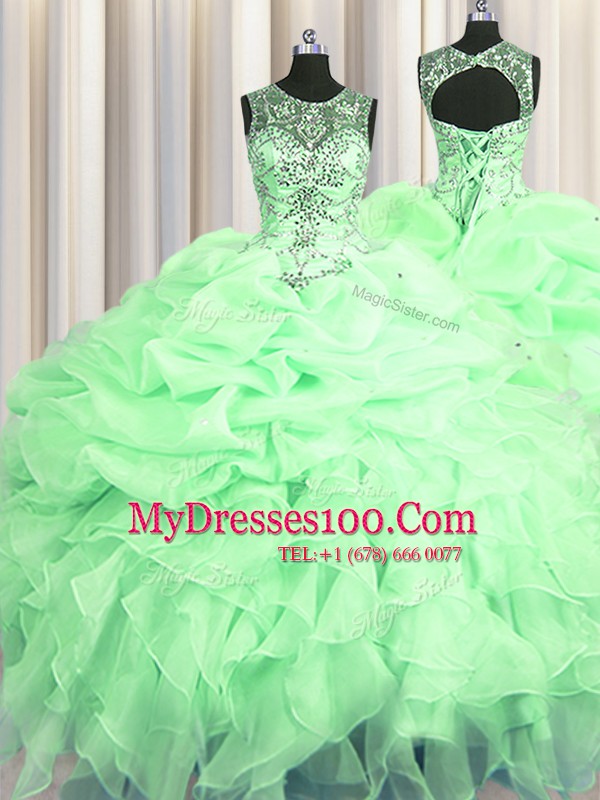 Wonderful See Through Floor Length Apple Green Sweet 16 Dresses Scoop Sleeveless Lace Up