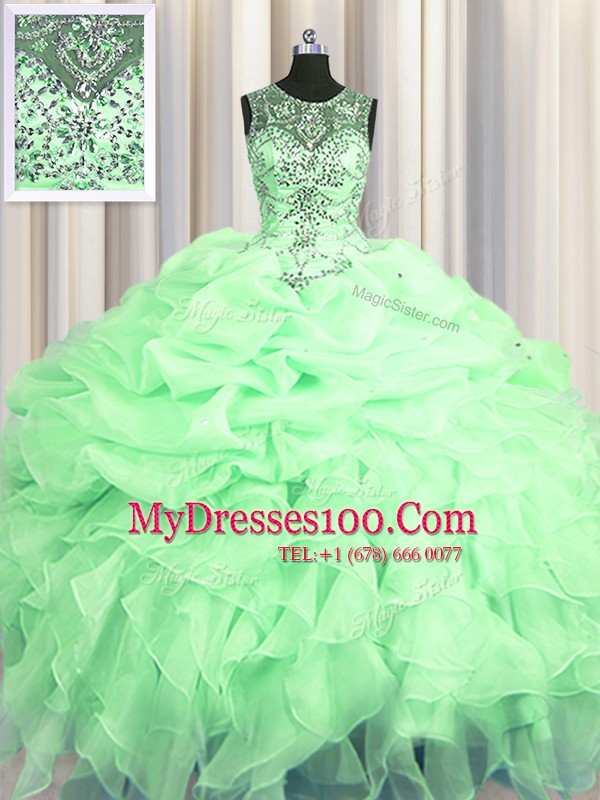 Wonderful See Through Floor Length Apple Green Sweet 16 Dresses Scoop Sleeveless Lace Up