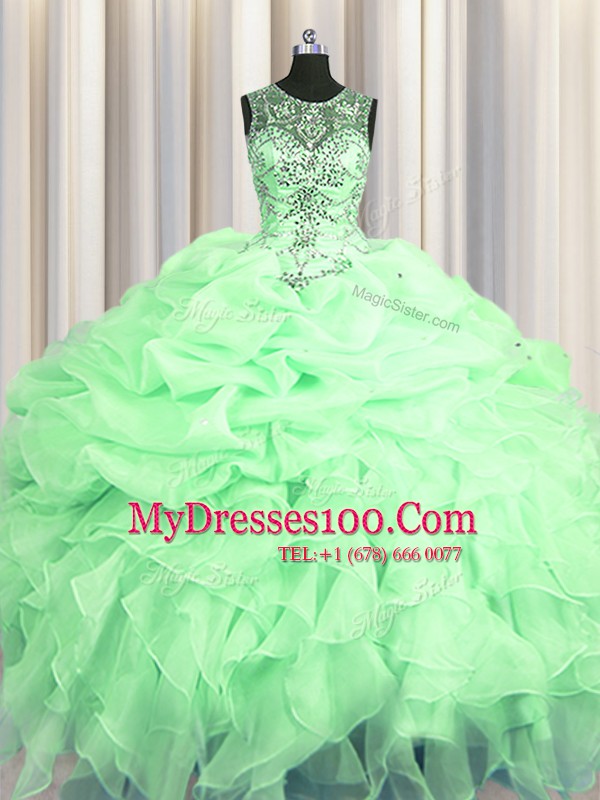 Wonderful See Through Floor Length Apple Green Sweet 16 Dresses Scoop Sleeveless Lace Up