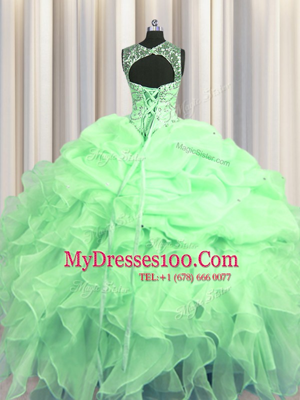 Wonderful See Through Floor Length Apple Green Sweet 16 Dresses Scoop Sleeveless Lace Up