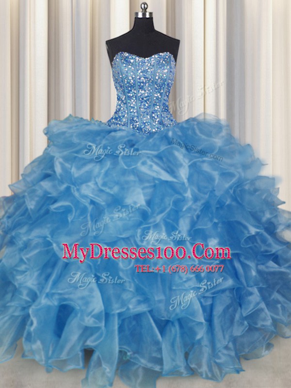 Amazing Visible Boning Floor Length Ball Gowns Sleeveless Baby Blue Sweet 16 Dresses Lace Up