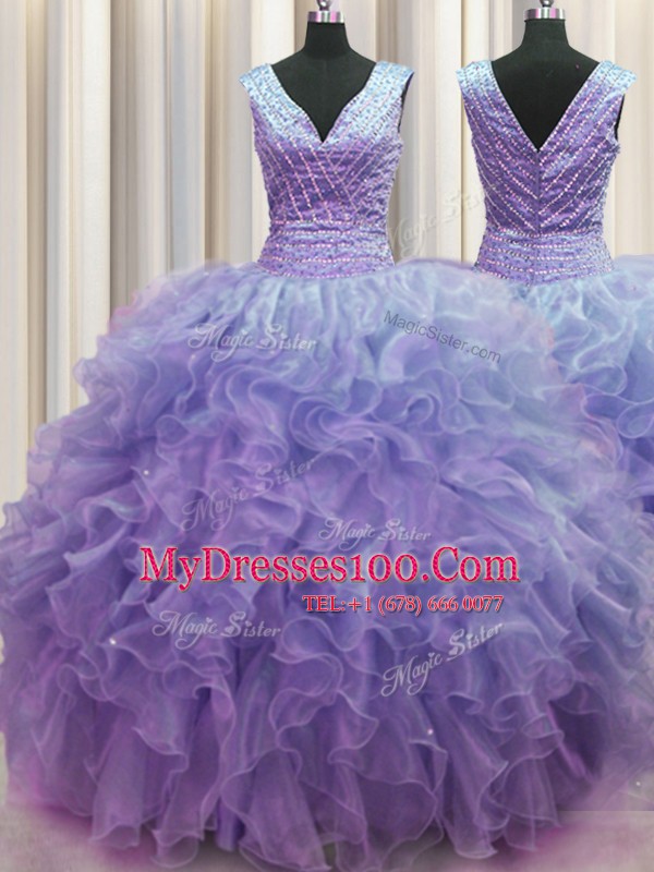 V Neck Zipper Up Sleeveless Zipper Floor Length Ruffles Quinceanera Gowns