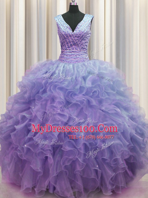 V Neck Zipper Up Sleeveless Zipper Floor Length Ruffles Quinceanera Gowns