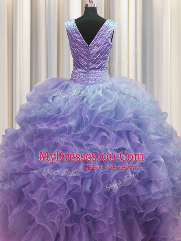 V Neck Zipper Up Sleeveless Zipper Floor Length Ruffles Quinceanera Gowns