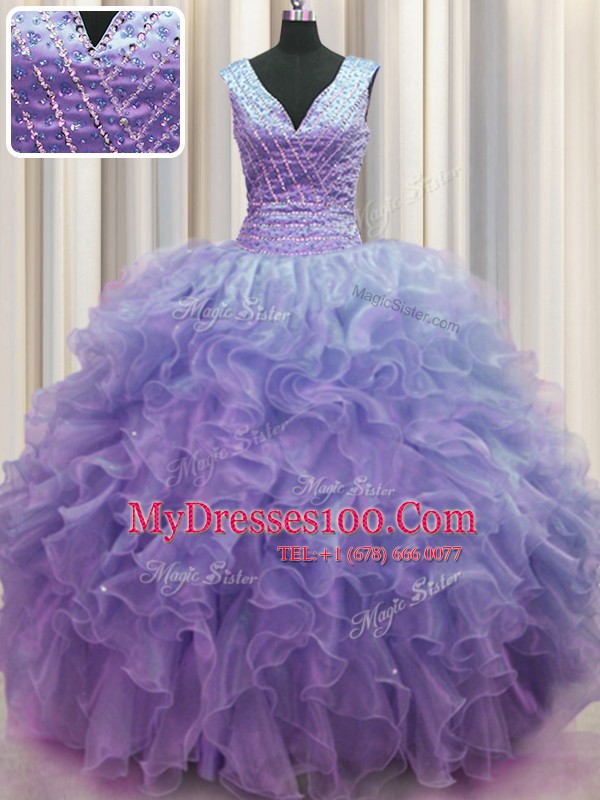 V Neck Zipper Up Sleeveless Zipper Floor Length Ruffles Quinceanera Gowns