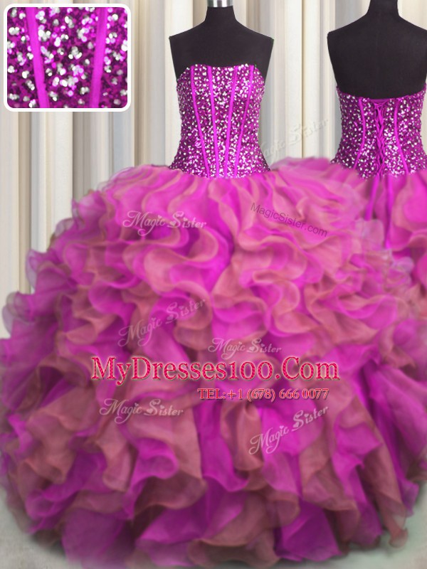 Visible Boning Beaded Bodice Multi-color Strapless Lace Up Beading and Ruffles 15th Birthday Dress Sleeveless