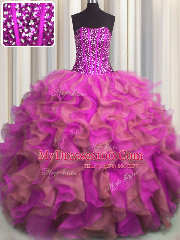 Visible Boning Beaded Bodice Multi-color Strapless Lace Up Beading and Ruffles 15th Birthday Dress Sleeveless