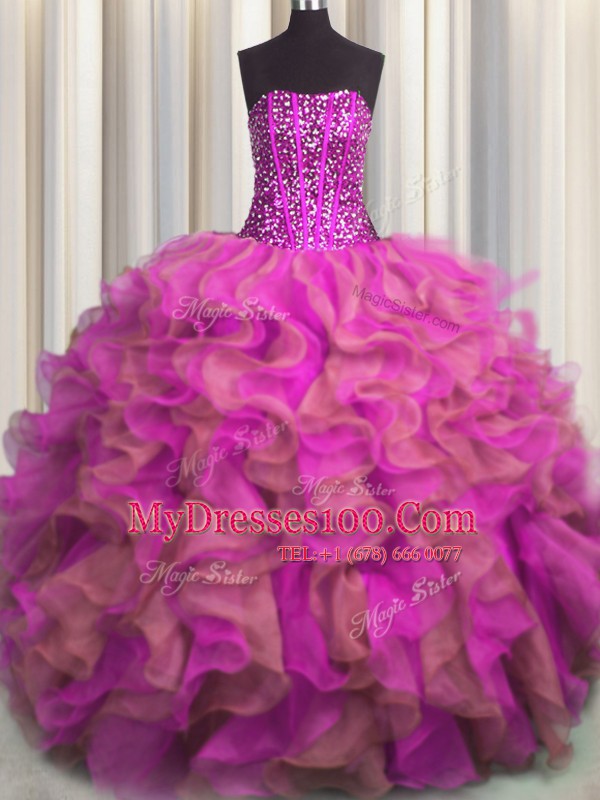 Visible Boning Beaded Bodice Multi-color Strapless Lace Up Beading and Ruffles 15th Birthday Dress Sleeveless