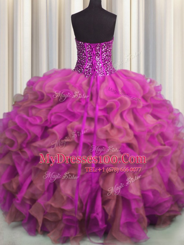 Visible Boning Beaded Bodice Multi-color Strapless Lace Up Beading and Ruffles 15th Birthday Dress Sleeveless