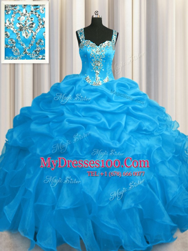 See Through Zipper Up Straps Sleeveless Zipper Ball Gown Prom Dress Blue Organza