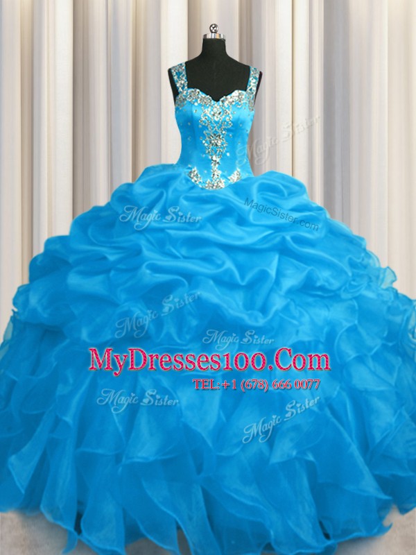 See Through Zipper Up Straps Sleeveless Zipper Ball Gown Prom Dress Blue Organza