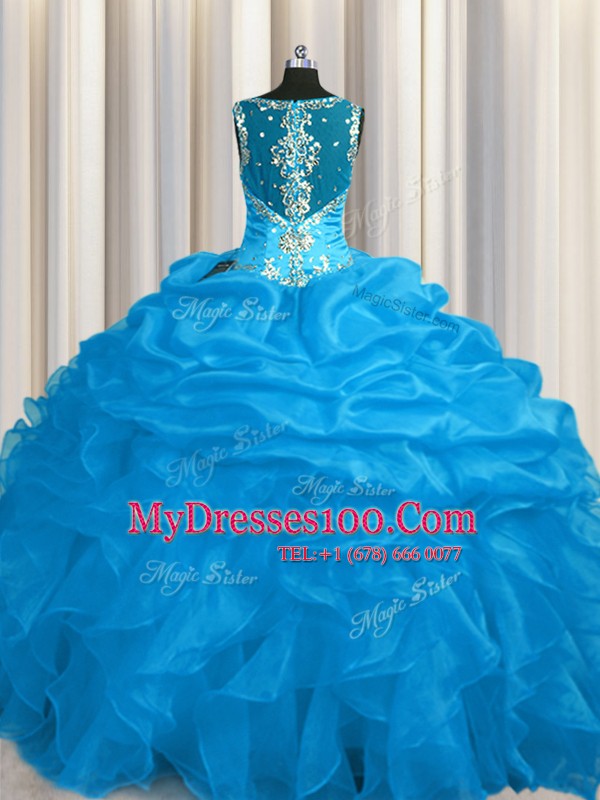 See Through Zipper Up Straps Sleeveless Zipper Ball Gown Prom Dress Blue Organza