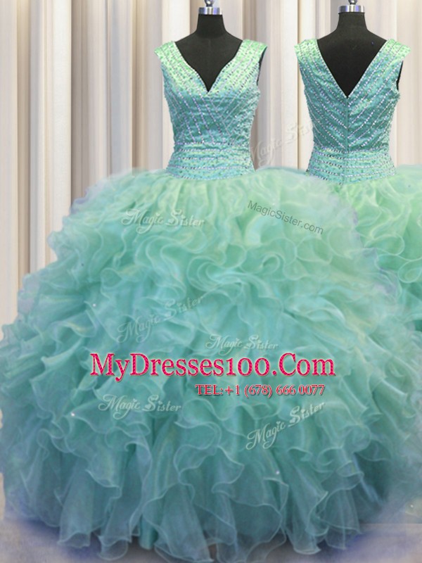 Zipper Up V-neck Sleeveless Zipper Sweet 16 Dresses Light Blue Organza