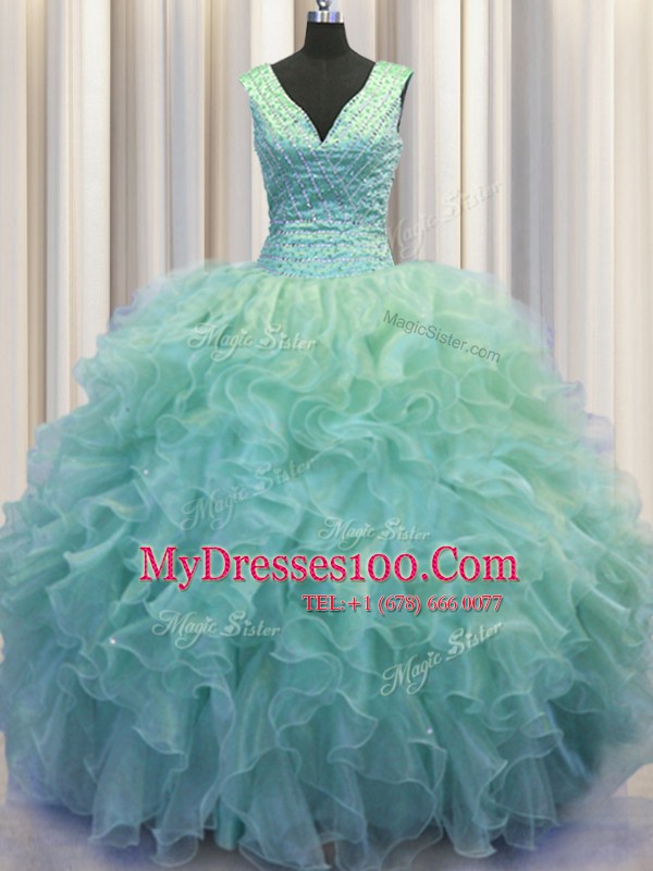 Zipper Up V-neck Sleeveless Zipper Sweet 16 Dresses Light Blue Organza