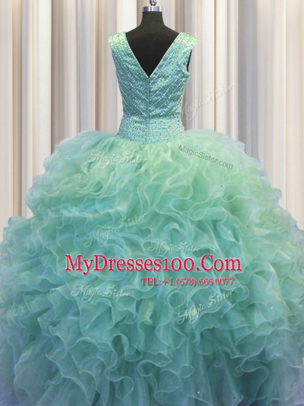 Zipper Up V-neck Sleeveless Zipper Sweet 16 Dresses Light Blue Organza