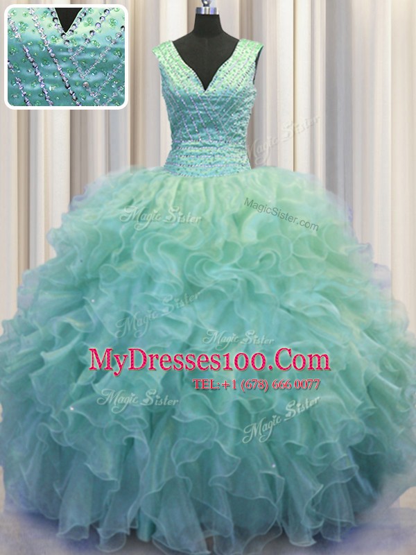Zipper Up V-neck Sleeveless Zipper Sweet 16 Dresses Light Blue Organza