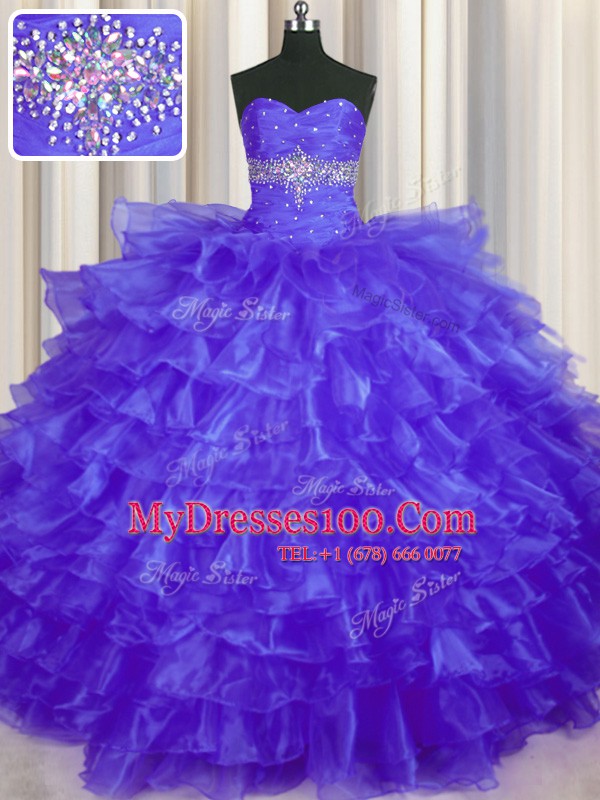 Purple Sleeveless Floor Length Beading and Ruffled Layers Lace Up Quince Ball Gowns