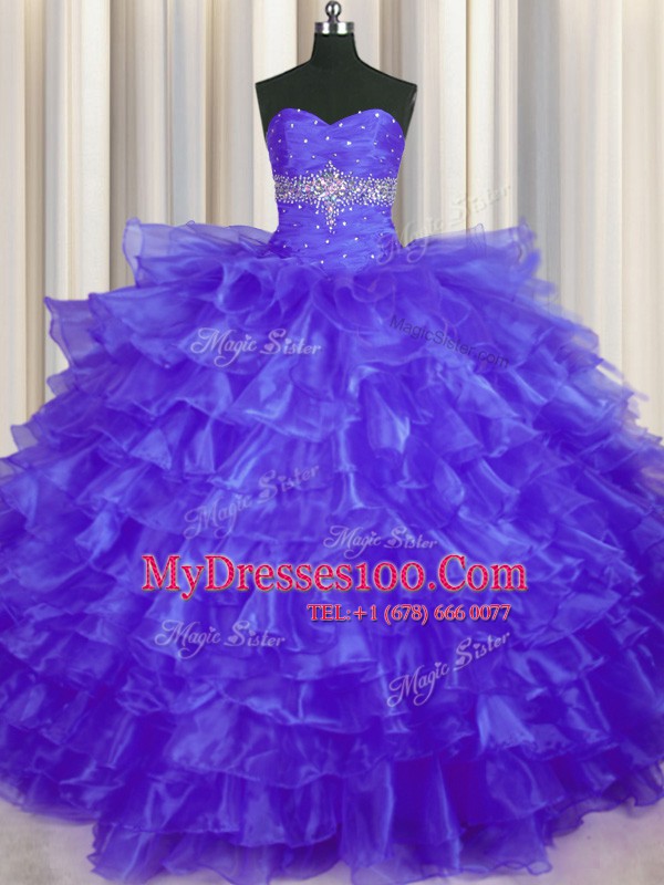 Purple Sleeveless Floor Length Beading and Ruffled Layers Lace Up Quince Ball Gowns