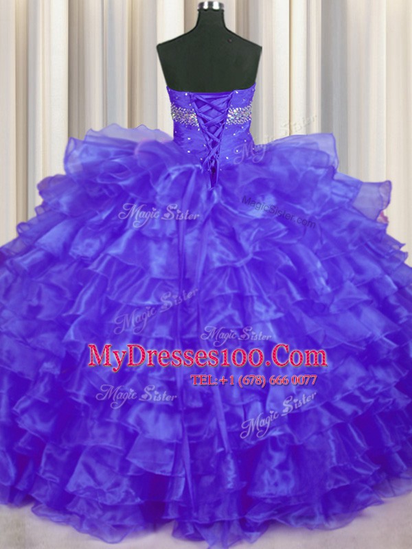 Purple Sleeveless Floor Length Beading and Ruffled Layers Lace Up Quince Ball Gowns