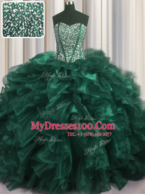 Visible Boning Bling-bling Organza Sleeveless With Train Quinceanera Gown Brush Train and Beading and Ruffles