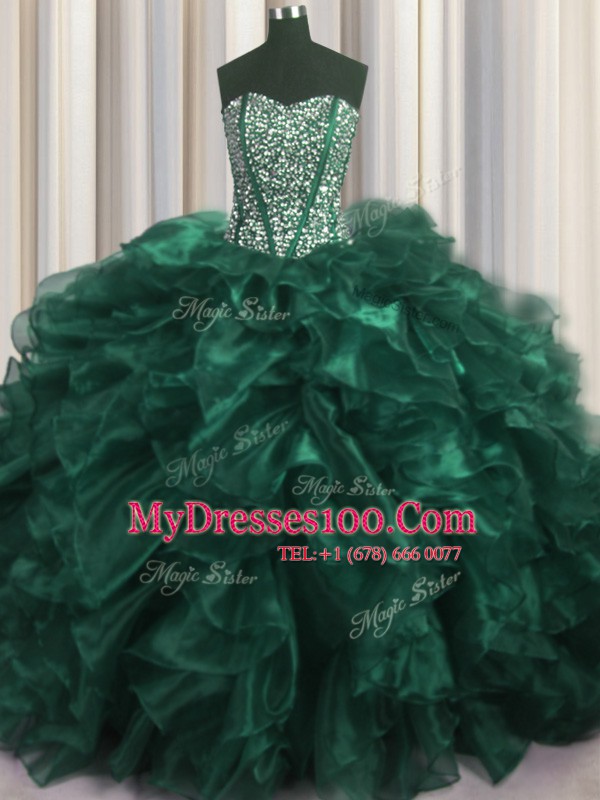 Visible Boning Bling-bling Organza Sleeveless With Train Quinceanera Gown Brush Train and Beading and Ruffles
