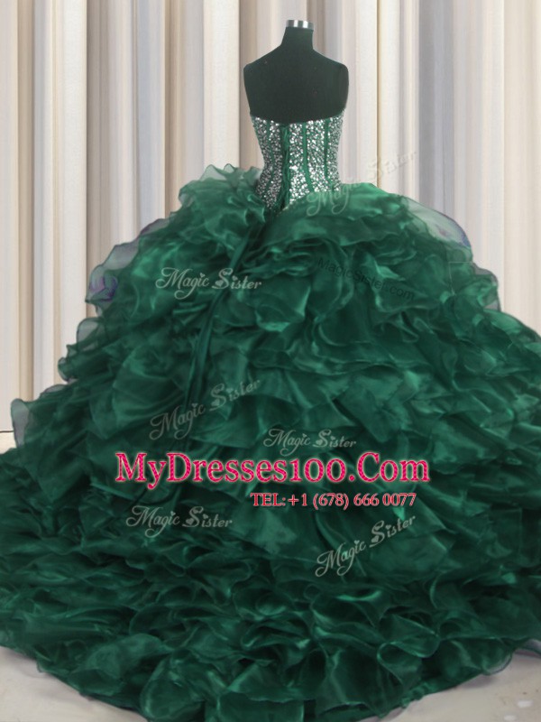 Visible Boning Bling-bling Organza Sleeveless With Train Quinceanera Gown Brush Train and Beading and Ruffles