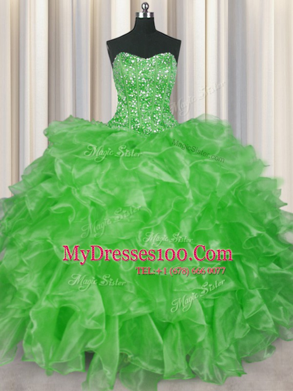 Top Selling Visible Boning Sleeveless Beading and Ruffles Lace Up 15th Birthday Dress