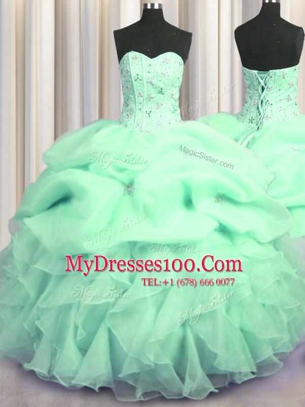 Chic Visible Boning Sweetheart Sleeveless Quinceanera Dresses Floor Length Beading and Ruffles Apple Green Organza