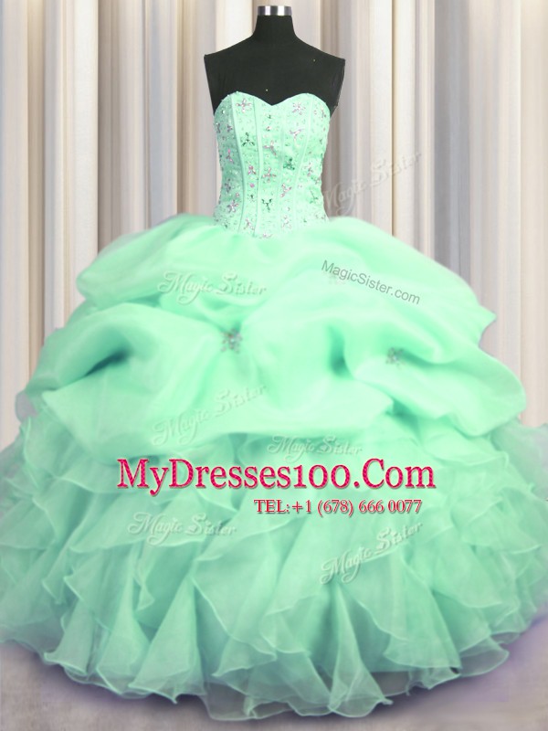 Chic Visible Boning Sweetheart Sleeveless Quinceanera Dresses Floor Length Beading and Ruffles Apple Green Organza