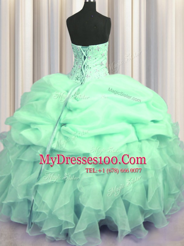 Chic Visible Boning Sweetheart Sleeveless Quinceanera Dresses Floor Length Beading and Ruffles Apple Green Organza