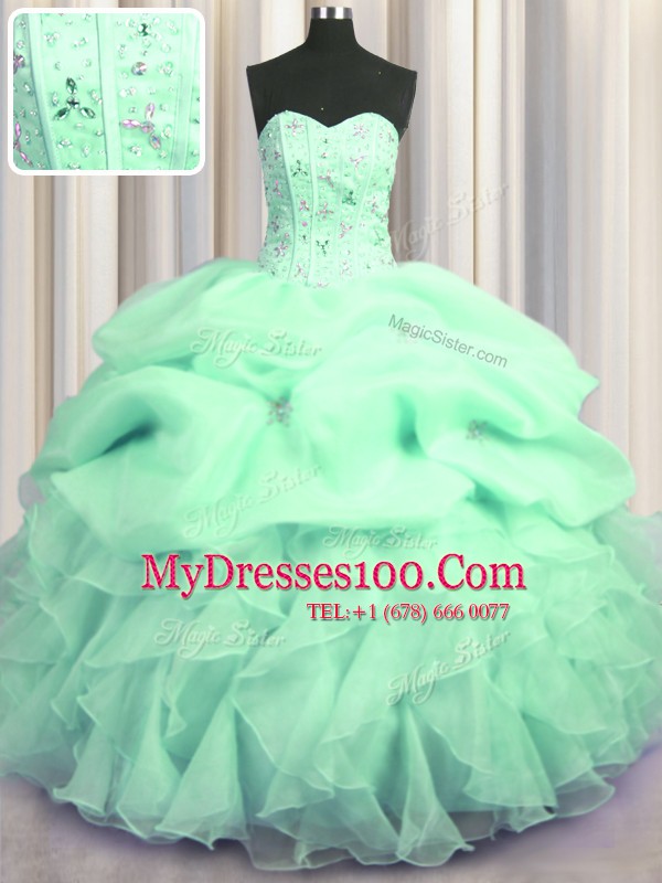 Chic Visible Boning Sweetheart Sleeveless Quinceanera Dresses Floor Length Beading and Ruffles Apple Green Organza
