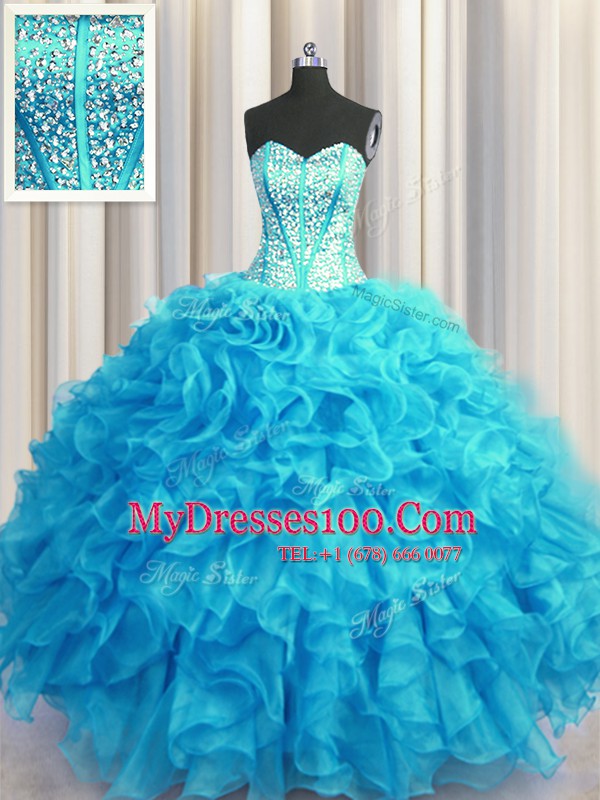 Beauteous Visible Boning Bling-bling Organza Sweetheart Sleeveless Lace Up Beading and Ruffles Quinceanera Dress in Baby Blue